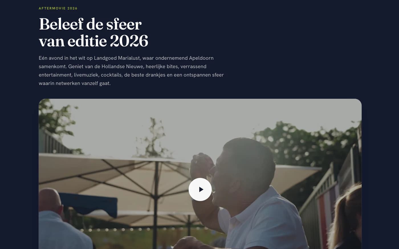 Aftermoviesectie van HaringParty Apeldoorn: de kop Beleef de sfeer van editie 2026 boven een video van gasten op het landgoed.