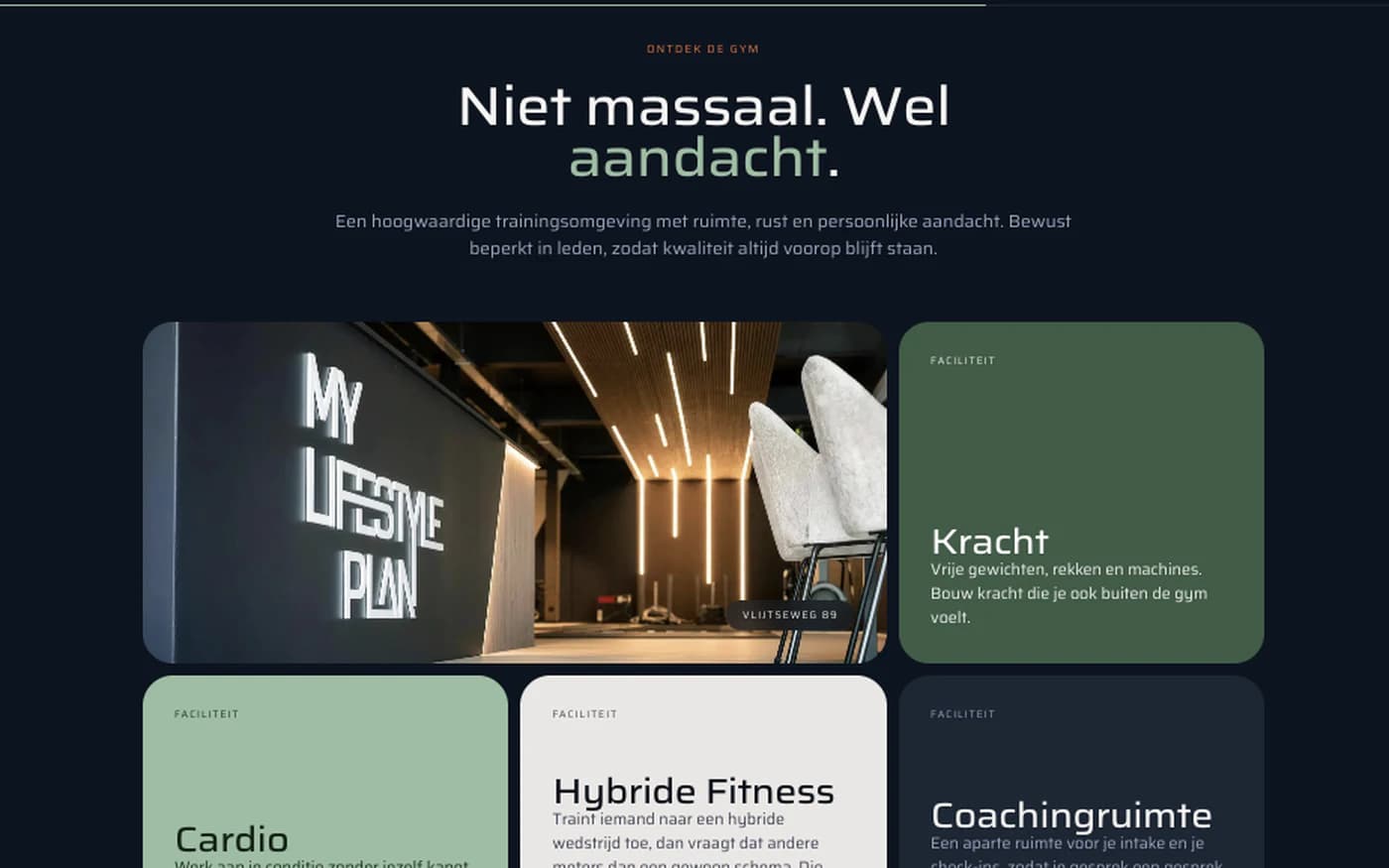 Faciliteitenblok van My Lifestyle Plan: negen vlakken met kracht, cardio, hybride fitness en een teller van honderd leden.