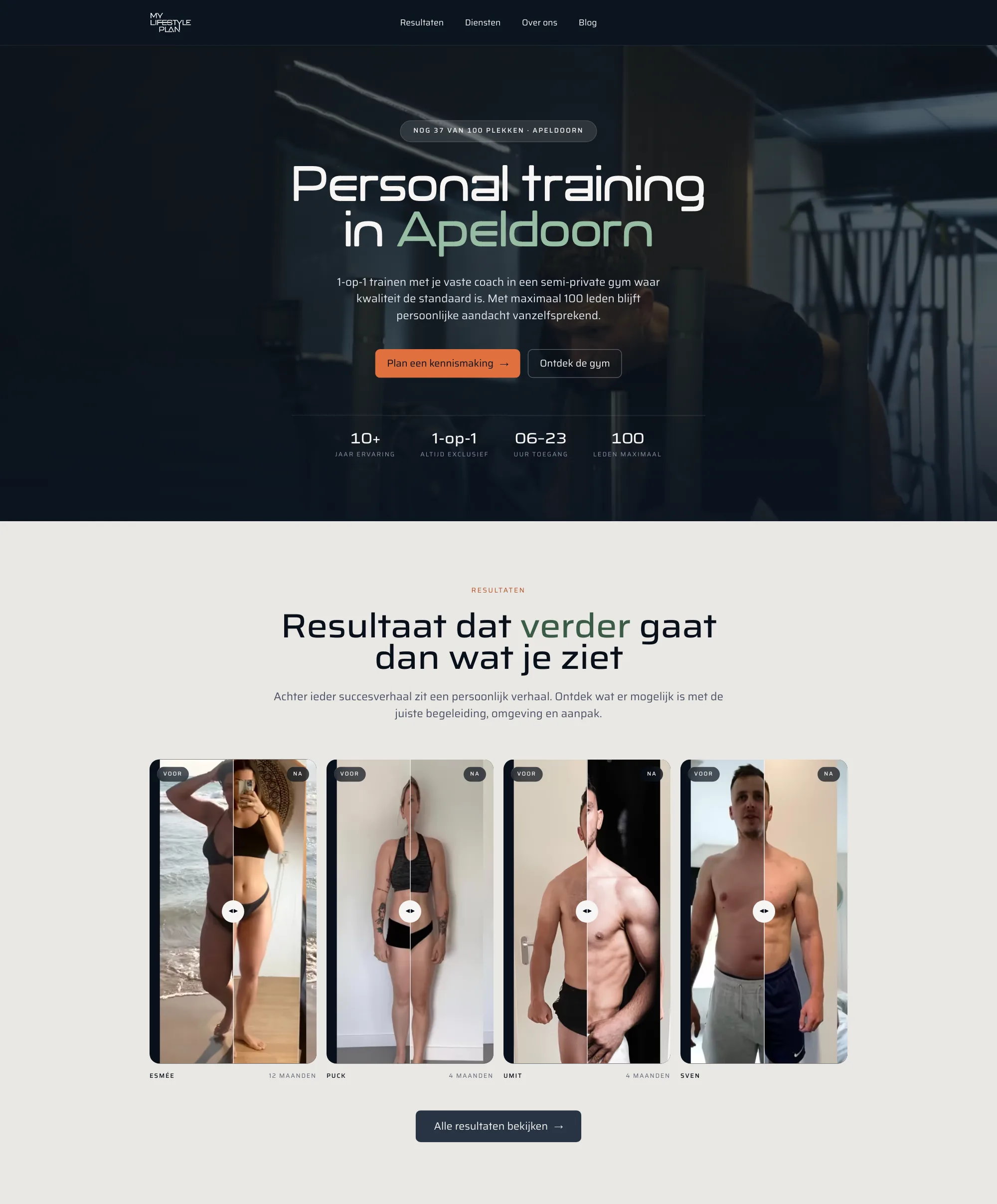 Paginabeeld van My Lifestyle Plan: bovenaan de donkere hero met de kop Personal training in Apeldoorn, nog 37 van 100 plekken vrij en een rij cijfers, daaronder de lichte resultatensectie met vier voor-en-na-schuivers.